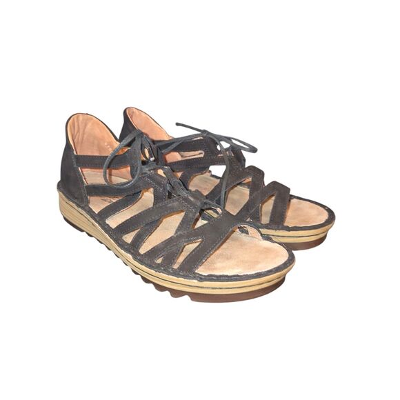 NAOT Yarrow Sandals Size 6 Black Nubuck Strappy Lace Up Wedge Heeled Anatomical - Picture 1 of 9